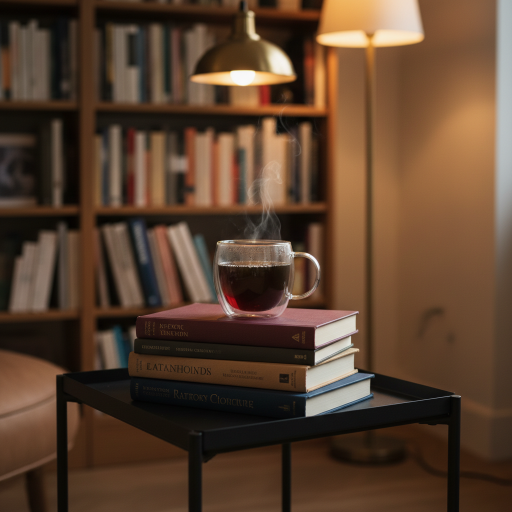 A small stack of classic and contemporary books with varied spine colors—muted burgundy, deep navy, and warm sand—forms a neat tower on a matte black metal side table. On top rests a clear double-walled glass filled with dark, freshly brewed pour-over coffee, its surface gloss catching subtle light and a gentle wisp of steam rising. Behind them, a tall bookshelf filled with neatly arranged volumes fades into a soft blur. Warm pendant lighting from above and a nearby floor lamp create layered, golden illumination and delicate shadows. Captured from a slightly elevated angle with rule-of-thirds composition, the image feels intimate yet organized, conveying a sophisticated, literary ambiance in crisp photographic detail.