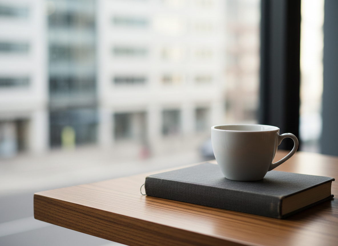 A pristine white ceramic coffee cup with a subtle gloss finish and a delicately curved handle sits beside a well‑worn hardback novel with a linen-textured cover in deep charcoal gray. They rest on a walnut wood café table, its fine grain softly visible, near a large window that reveals only an abstract blur of city shapes. Early morning natural light pours in, creating gentle highlights on the cup’s rim and soft shadows along the book’s slightly frayed edges. The atmosphere feels calm, sophisticated, and contemplative. Photographed at eye level with a shallow depth of field, the coffee and book are in crisp focus while the background dissolves into creamy bokeh, emphasizing an elegant, photographic realism ideal for a refined book-and-coffee blog homepage.