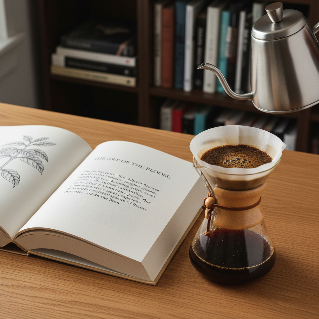An open hardcover book with creamy, slightly textured pages lies on a smooth oak desk, its spine gently curved. Beside it, a sleek stainless-steel gooseneck kettle and a glass Chemex brewer with a conical paper filter showcase amber-hued coffee mid-bloom, tiny bubbles visible on the surface. In the background, a subtle blur reveals more books stacked horizontally and vertically. Soft overcast daylight filters through an unseen window, creating even, diffused lighting with minimal shadows for a calm, studious mood. Shot from a three-quarter overhead angle with sharp focus on the brewing coffee and the book’s central paragraph, the composition balances reading and coffee craftsmanship in clean, modern photographic realism.