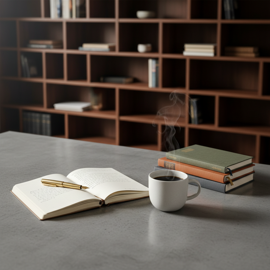 On a polished concrete tabletop, an open notebook with ivory pages and a slim brass fountain pen lie beside a minimalist matte-white ceramic cup of black coffee. A small stack of paperbacks, some with subtle bookmarks peeking out, sits nearby, their covers in understated shades of slate, olive, and rust. In the blurred background, a large wall of bookshelves alternates between vertical and horizontal arrangements for a curated, intellectual feel. Soft studio lighting from the upper left creates controlled, gentle highlights and clean shadows, emphasizing texture without harsh contrast. Photographed from a slightly elevated, three-quarter angle with a balanced, centered composition, the image conveys thoughtful reflection and sophisticated, photographic realism suitable for essay-style blog posts about reading perspectives.